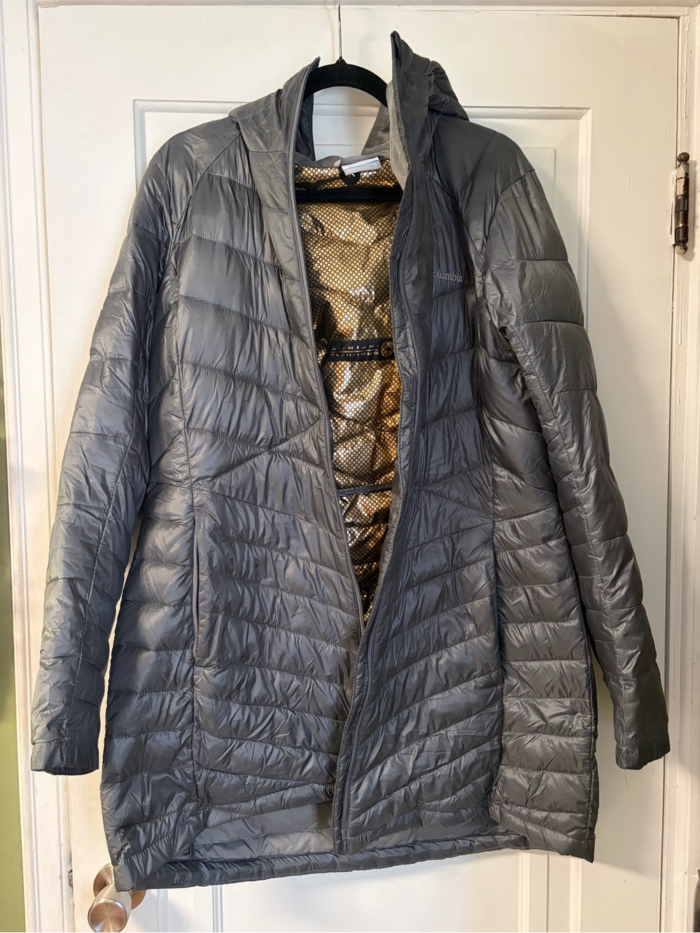 Columbia Omni-Heat Womens Gray Packable Down Hooded Coat
